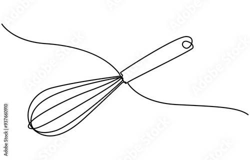 Beater Continuous Line Icon, Whisk Kitchen Icon In Line Style, Beater Continuous Line Icon, Vector continuous one single line drawing icon of whisk in silhouette on a white background. Linear stylized