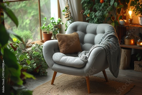 Cozy grey armchair with cushions in interior of light living room