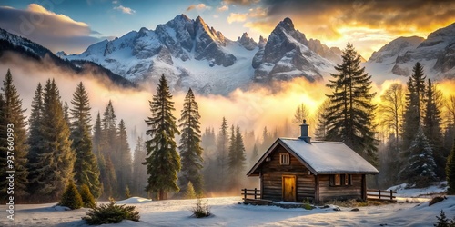 Secluded misty morning cabin nestled among ancient trees, surrounded by snow-capped peaks, warm golden light, soft focus, earthy tones, cozy rustic atmosphere, serene wilderness escape