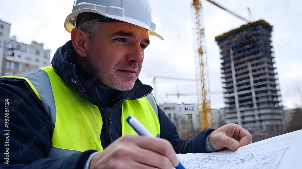 Experienced Engineer Overseeing Building Construction Site with Crane and Blueprints