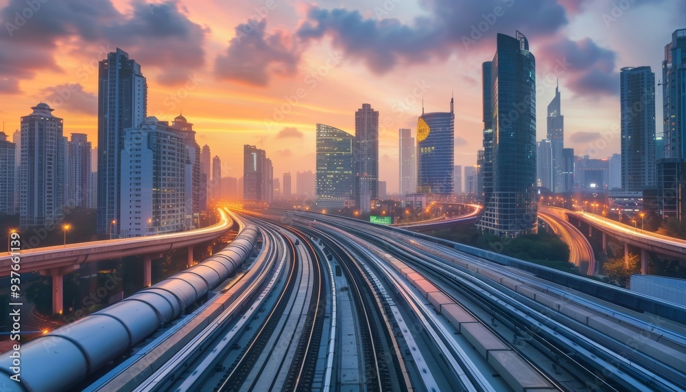 Fototapeta premium Sunset Glow Over Modern Cityscape with Transit Rails