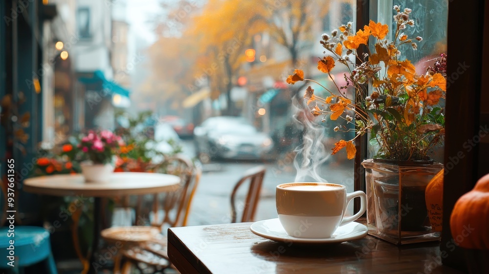 custom made wallpaper toronto digitalA coffee shop window decorated for fall, with a cozy seating area visible inside. A steaming cup of coffee on the table invites customers to enjoy a warm drink on a chilly autumn day.
