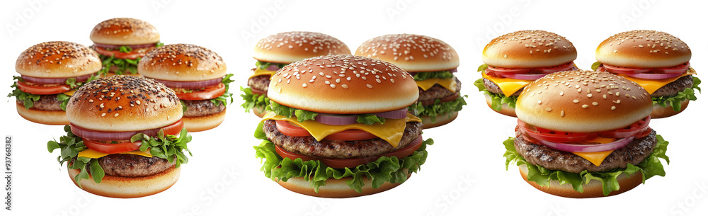 Set of six delicious hamburgers with sesame seed buns lettuce and tomatoes isolated on transparent background Set of six delicious hamburgers with sesame seed buns lettuce and tomatoes isolated on transparent background