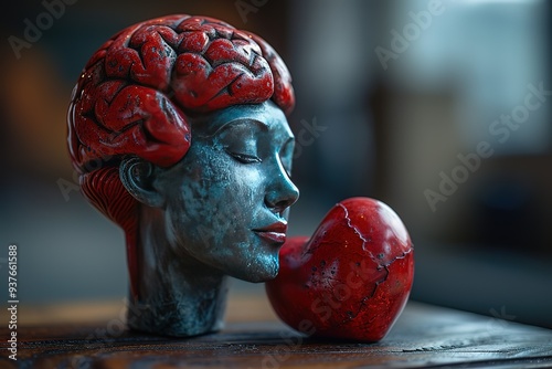 Figure of man with brain and red heart Love and intelligence