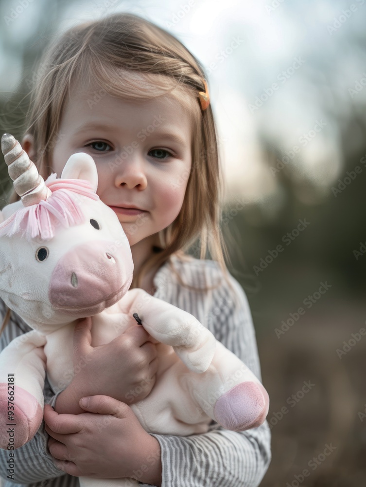 Little girl with blonde hair and a pink unicorn plush toy. Little girl with blonde hair and a pink unicorn plush toy.