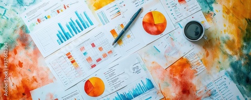 Colorful statistical reports with charts and graphs on an artistic background for business analysis.