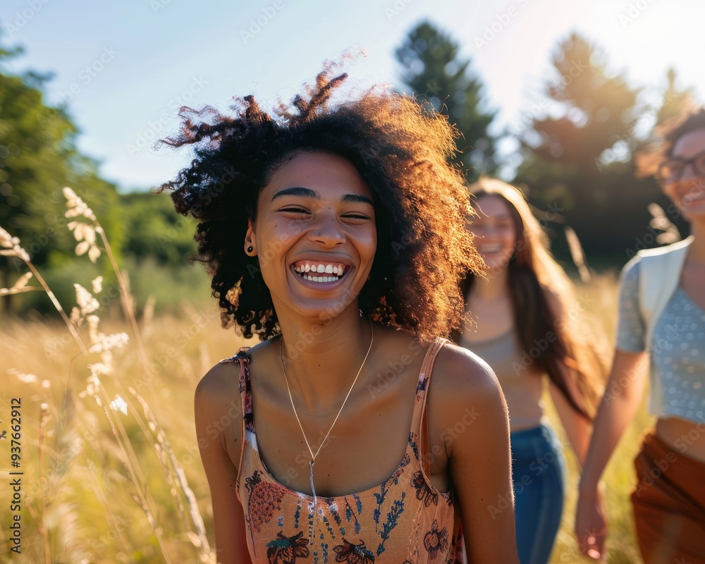 Friends sharing a laugh in sunlit field building relationships Friends sharing a laugh in sunlit field building relationships