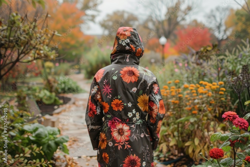 Person in zinnia raincoat walks through garden in fashion and function blend Person in zinnia raincoat walks through garden in fashion and function blend