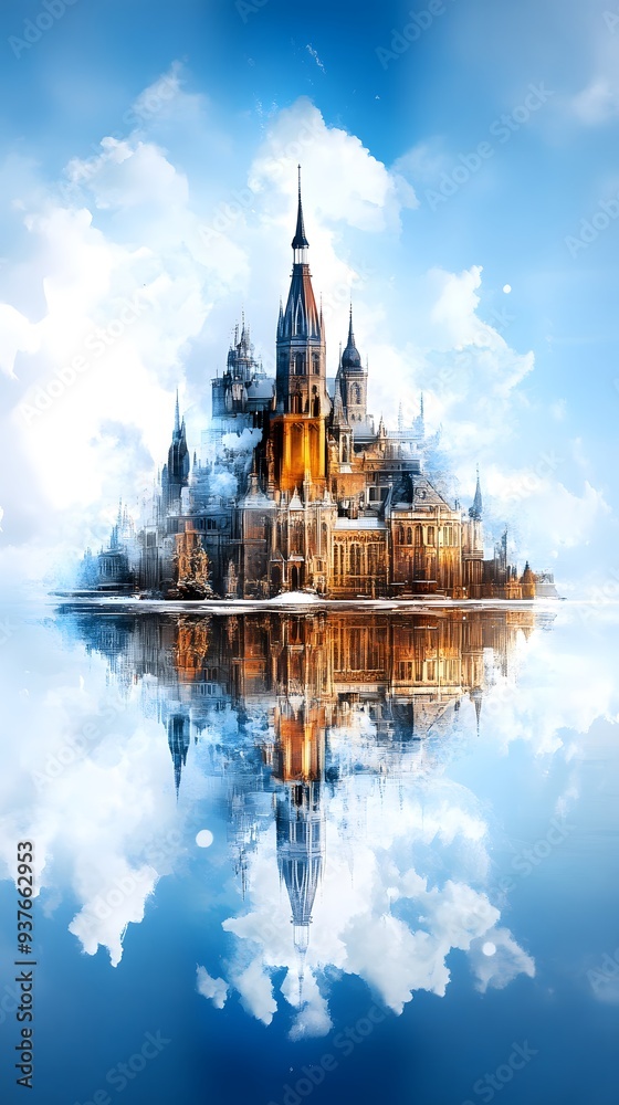Fantasy Castle Island with Reflection. Fantasy Castle Island with Reflection.