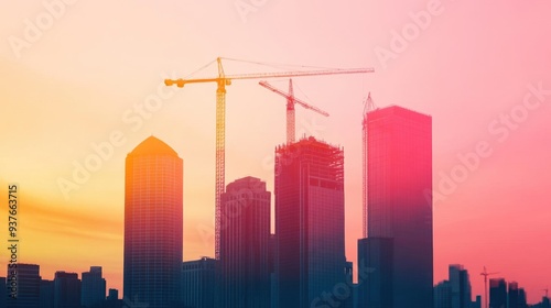 Silhouetted skyline with construction cranes against a vibrant sunset, showcasing urban development and architectural progression.