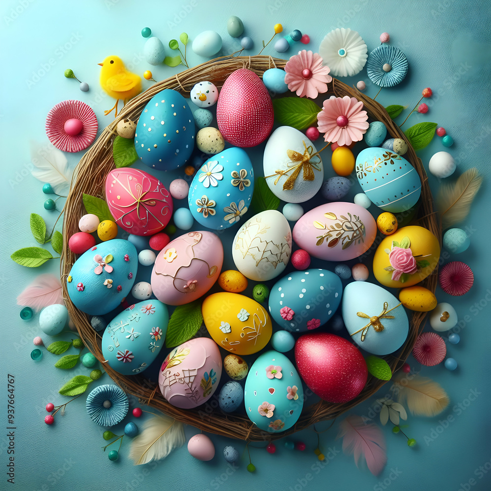 Easter greeting card and Easter eggs in a row ai generated.
Easter greeting card and Easter eggs in a row ai generated.