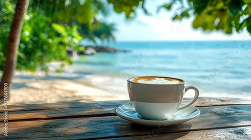 A Cup of Latte on a Wooden Table with a Beach View