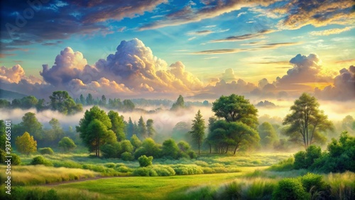 Soft wispy clouds dissolve into lush greenery, seamlessly blending with pen and ink graphics to etch the landscape, capturing warmth with dramatic shadows.