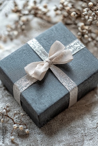 Elegant Gift Box with Satin Ribbon on Rustic Table