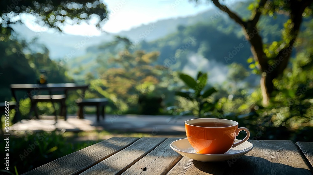 A cup of tea on a wooden table in a lush green forest. A cup of tea on a wooden table in a lush green forest.
