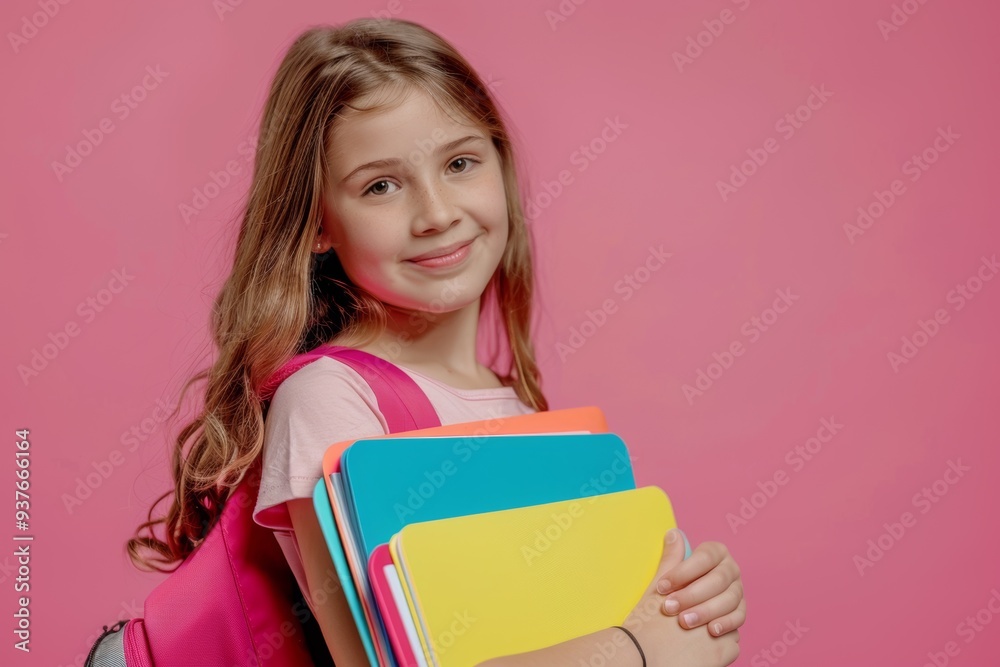 A joyful and happy girl with an array of colorful folders smiles brightly on a delightful pink backdrop A joyful and happy girl with an array of colorful folders smiles brightly on a delightful pink backdrop
