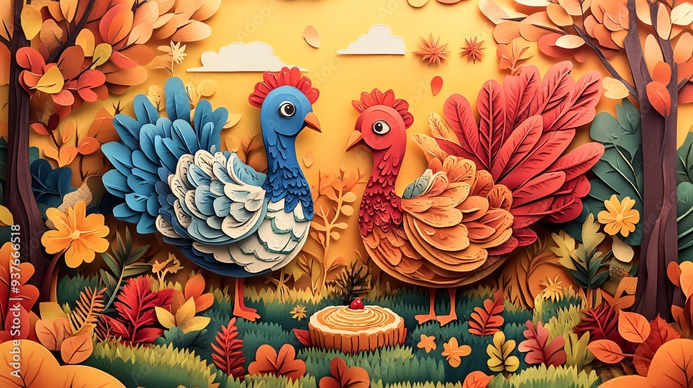 Obraz premium Whimsical Thanksgiving Papercut Banner with Cute Turkeys, Pies & Autumn Scenery in Cheerful Colors