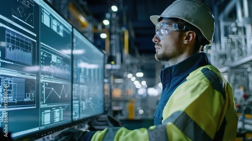 AI for Predictive Maintenance: Engineers in a futuristic factory using AI-powered software to predict when machines need maintenance, preventing downtime and ensuring smooth production processes 