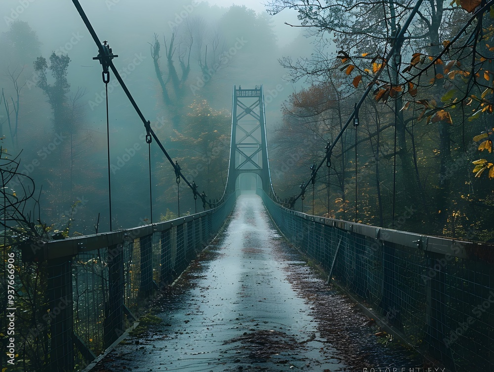 Obraz premium A misty morning view of a suspension bridge surrounded by autumn foliage in a tranquil forest setting