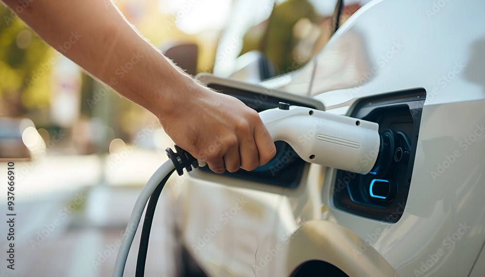 Electric car or ev is charging at station . man use the white power cable and plug on nature background Electric car or ev is charging at station . man use the white power cable and plug on nature background