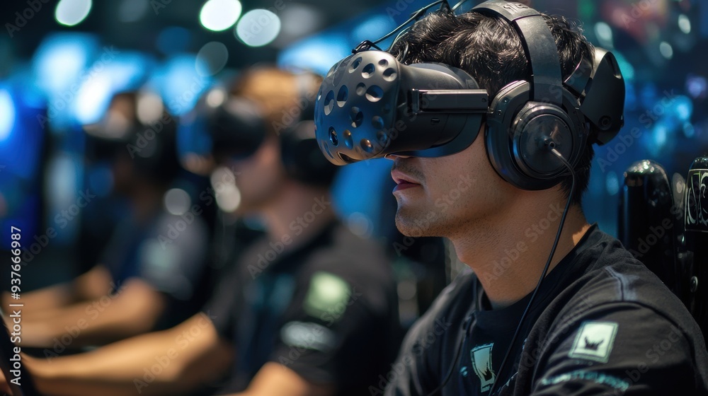 AI in Virtual Reality: Gamers wearing VR headsets, immersed in a world where the environment and challenges are dynamically generated by an AI, creating a unique experience every time they play AI in Virtual Reality: Gamers wearing VR headsets, immersed in a world where the environment and challenges are dynamically generated by an AI, creating a unique experience every time they play