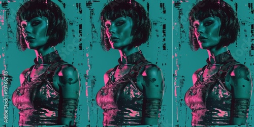 Cool grunge dark retrowave girl with a negative photocopy effect. synthwave vintage design