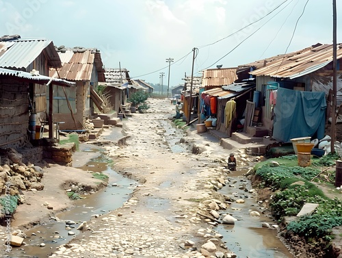 Dilapidated huts lining a muddy path in an impoverished settlement under a cloudy sky photo