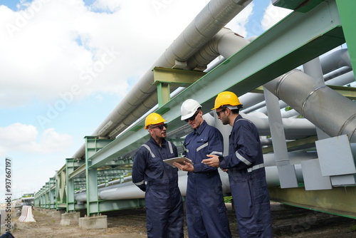 three male engineers in Uniform Holding stand to talk to check Gas Leakage Pipe System and Maintenance System and Training Oil Refinery at Column Tank Oil of Petrochemistry Industry.