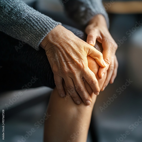 Detailed shot of a person clutching their knee in sharp joint pain, arthritis, closeup photo