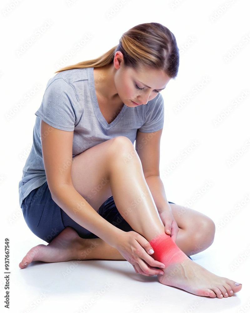 Fototapeta premium A woman with a red sore leg is sitting on the floor.