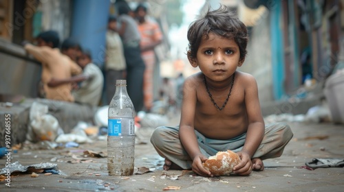 An Indian child sits on the ground with bread in his hands in a densely populated poor area, next to a plastic bottle with muddy water. The problem of poverty, hunger and drinking water shortage.