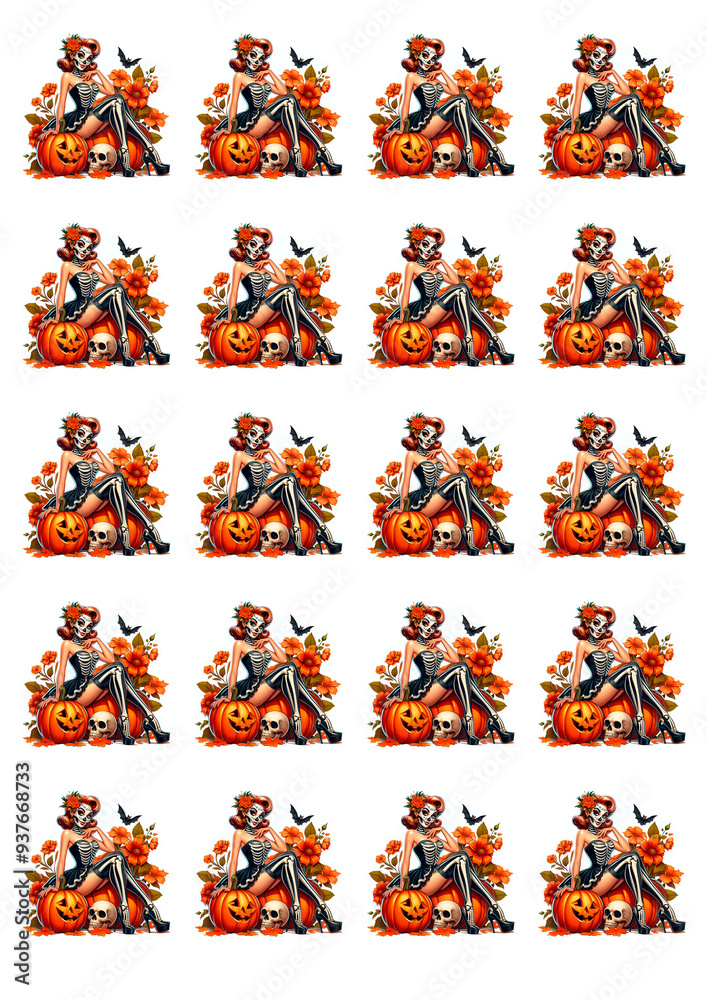 Fototapeta premium Sarcasm sticker. Cute retro girl in a skeleton costume for Halloween hol. Pumpkin. Lovely ladies. Pin-up, retro style. Halloween costume concept. Modern illustration.