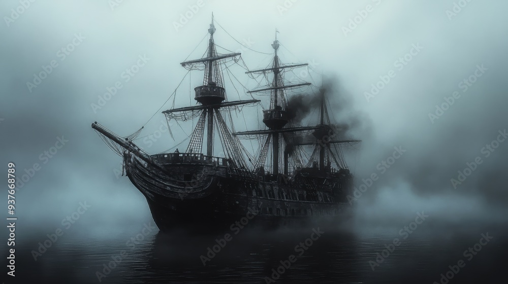 A dark, ghostly pirate ship with billowing black smoke emerges ominously from dense fog over a calm, eerie sea. A dark, ghostly pirate ship with billowing black smoke emerges ominously from dense fog over a calm, eerie sea.