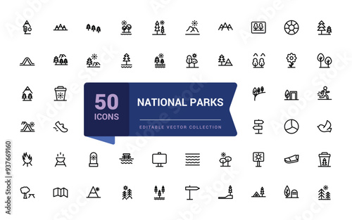 Set of national park icons. Simple line art style icons pack. Pixel perfect, minimalistic web and UI icon. Outline icon collections. Editable vector illustration.