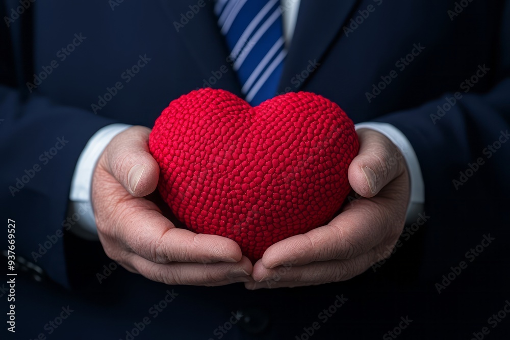 A man in a suit holds a red heart, symbolizing love and compassion in a formal setting A man in a suit holds a red heart, symbolizing love and compassion in a formal setting