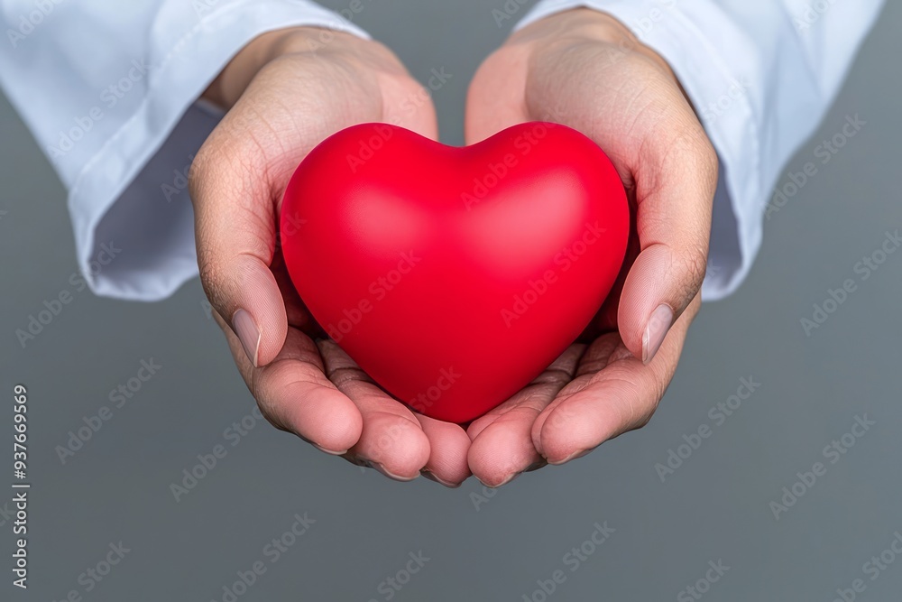 Caring hands cradle a vibrant red heart against a neutral backdrop Caring hands cradle a vibrant red heart against a neutral backdrop