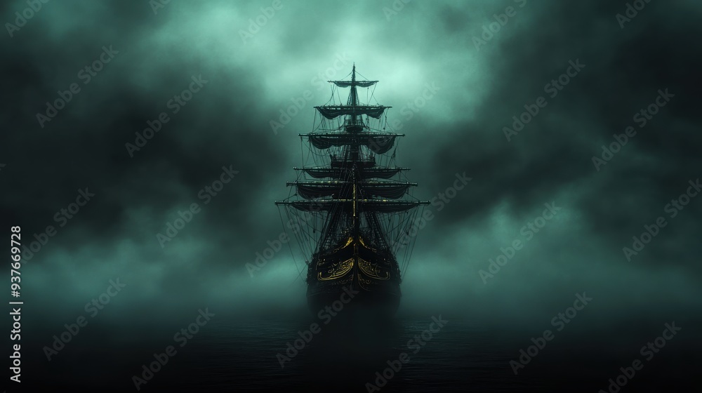 At dawn, a ghostly ship emerges from the thick fog on the open ocean, creating a mysterious and haunting atmosphere as dim light pierces through the mist. At dawn, a ghostly ship emerges from the thick fog on the open ocean, creating a mysterious and haunting atmosphere as dim light pierces through the mist.