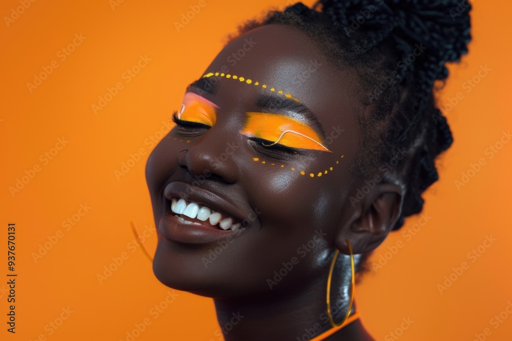 Black woman with makeup and piercings smiling against orange background. Black woman with makeup and piercings smiling against orange background.