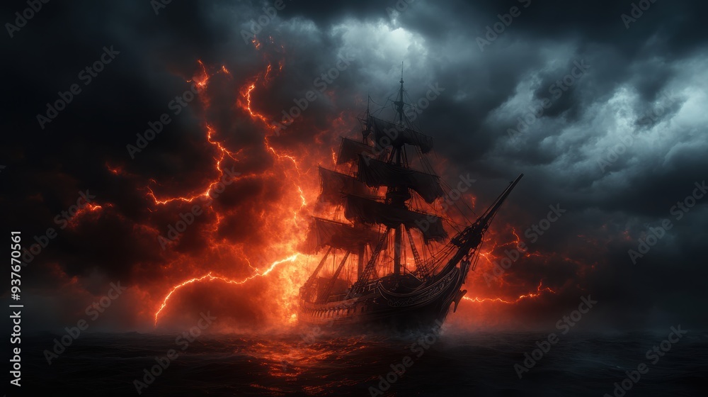 Obraz premium A dramatic pirate ship sails through a violent storm, brilliantly lit by lightning flashes against a dark, ominous sky.