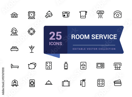 Room service icon set. Related to hotel, motel and hostel. Pixel perfect, minimalistic web and UI icon. Outline icon collections. Editable vector illustration.