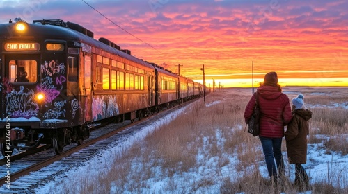 A Train Rolling Through The Snow Toward A Pink And Orange Sunset