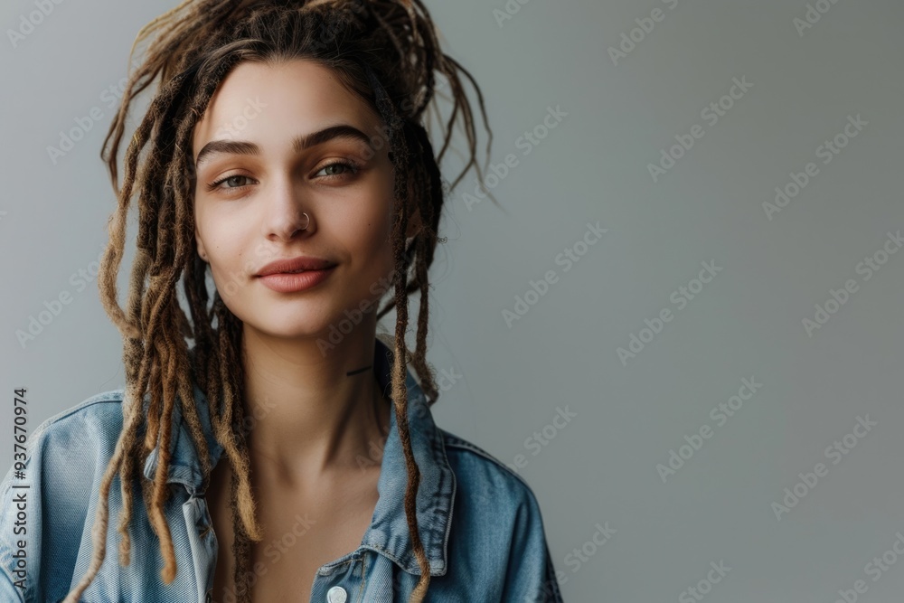 Stylish woman with dreadlocks smiling in studio portrait. Stylish woman with dreadlocks smiling in studio portrait.