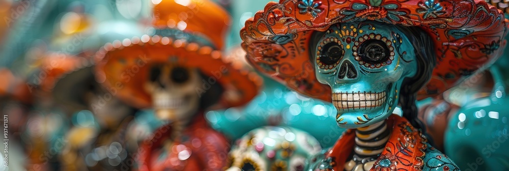 Fototapeta premium Colorful Sugar Skull Figurine with Floral Decorations.