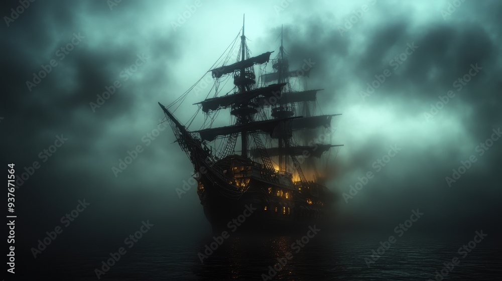 A ghostly pirate ship sails through dense fog, illuminated by eerie glowing lights, creating a haunting and mysterious atmosphere. A ghostly pirate ship sails through dense fog, illuminated by eerie glowing lights, creating a haunting and mysterious atmosphere.