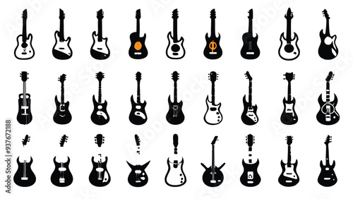 24 black and white icons of various guitar designs, including electric, acoustic, and bass guitars.