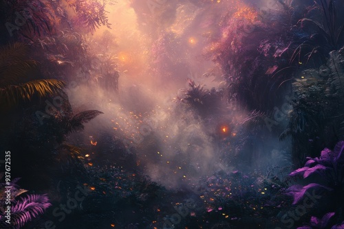 A Mystical and Smoky Forest with Glowing Lights