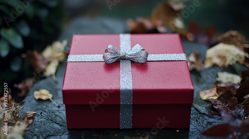 Autumn Gift Box with Silver Bow Amid Fallen Leaves
