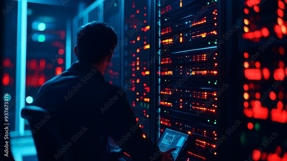 Technician Checking AI Optimized Servers in a High Tech Data Center