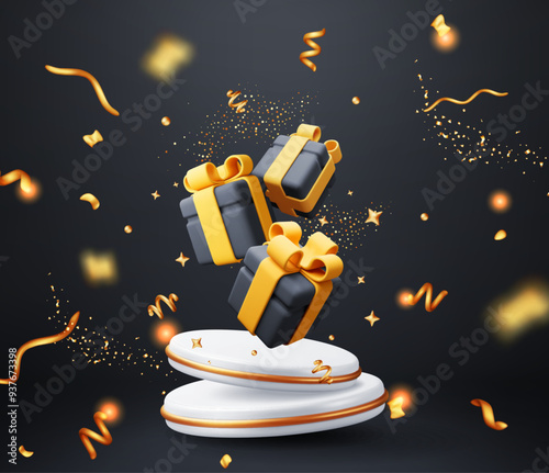 3D gift boxes with white podium in confetti. Render wrapped box package. Christmas new year, sale, shopping. Present box with bows ribbons. Giftbox for valentine, birthday holiday. Vector illustration