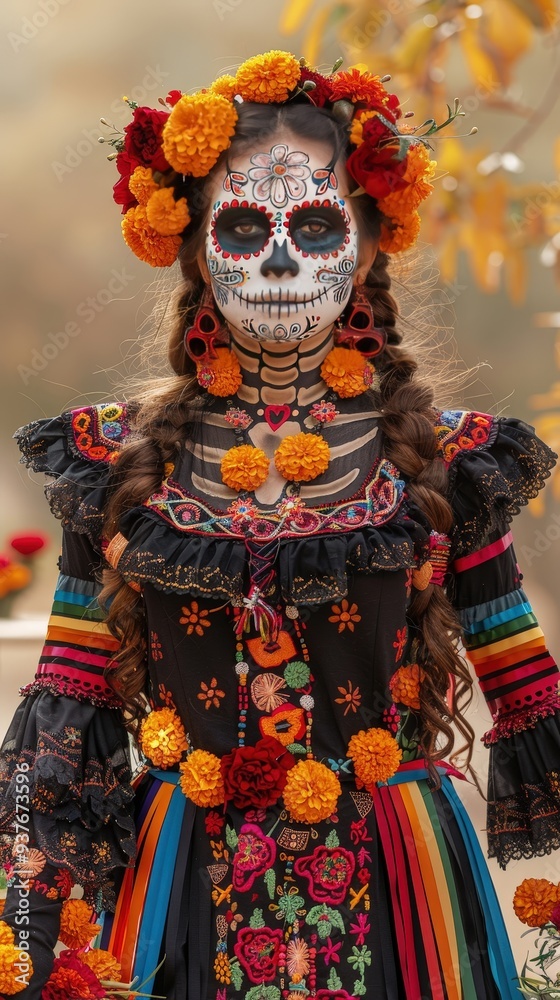 Woman in Day of the Dead Makeup with Floral Headpiece. Woman in Day of the Dead Makeup with Floral Headpiece.
